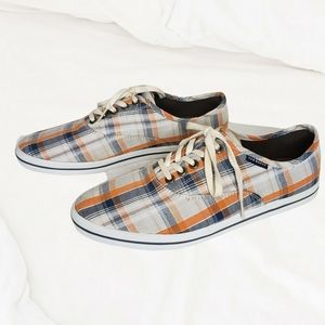 Ted Baker London and Beyond blue orange white plaid boat shoes size 8 mens